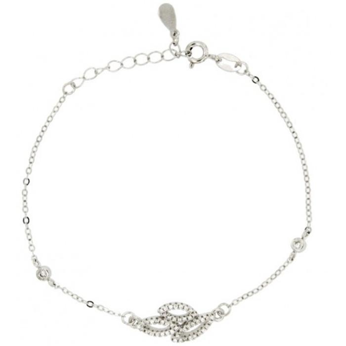 Bracciale forzatina con foglioline centrali in argento 925 rodiato con zirconi bianchi