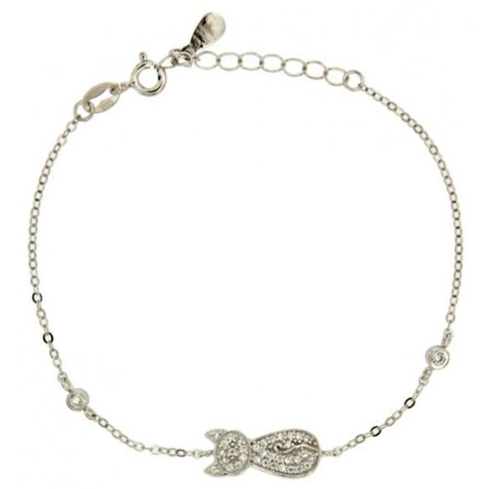 Bracciale forzatina con gatto centrale in argento 925 rodiato con zirconi bianchi