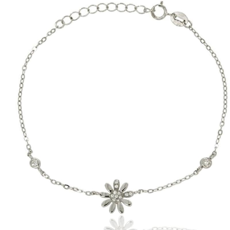 Bracciale forzatina con margherita centrale in argento 925 rodiato con zirconi bianchi