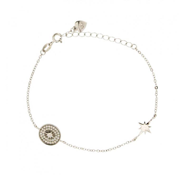 Bracciale forzatina con rosa dei venti centrale in argento 925 e zirconi bianchi cm 16-19