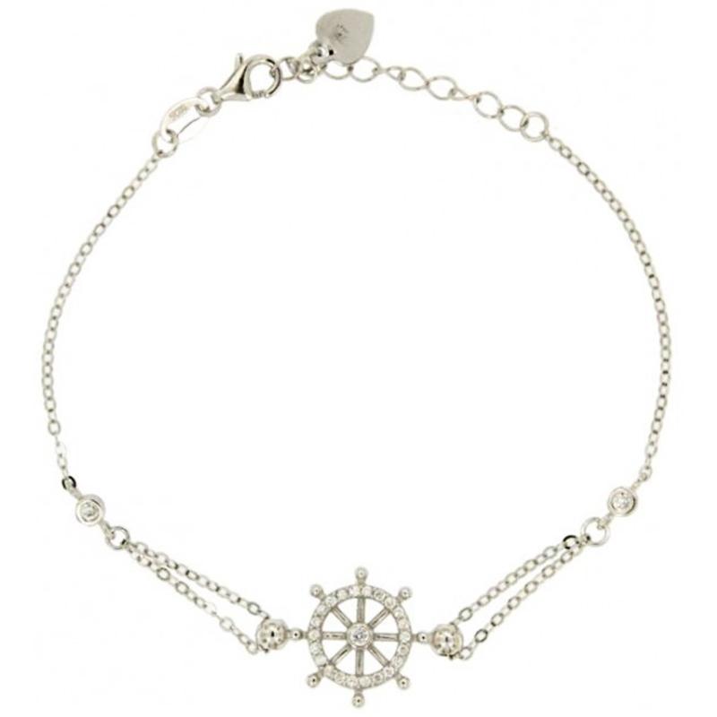 Bracciale forzatina con timone centrale in argento 925 rodiato con zirconi bianchi