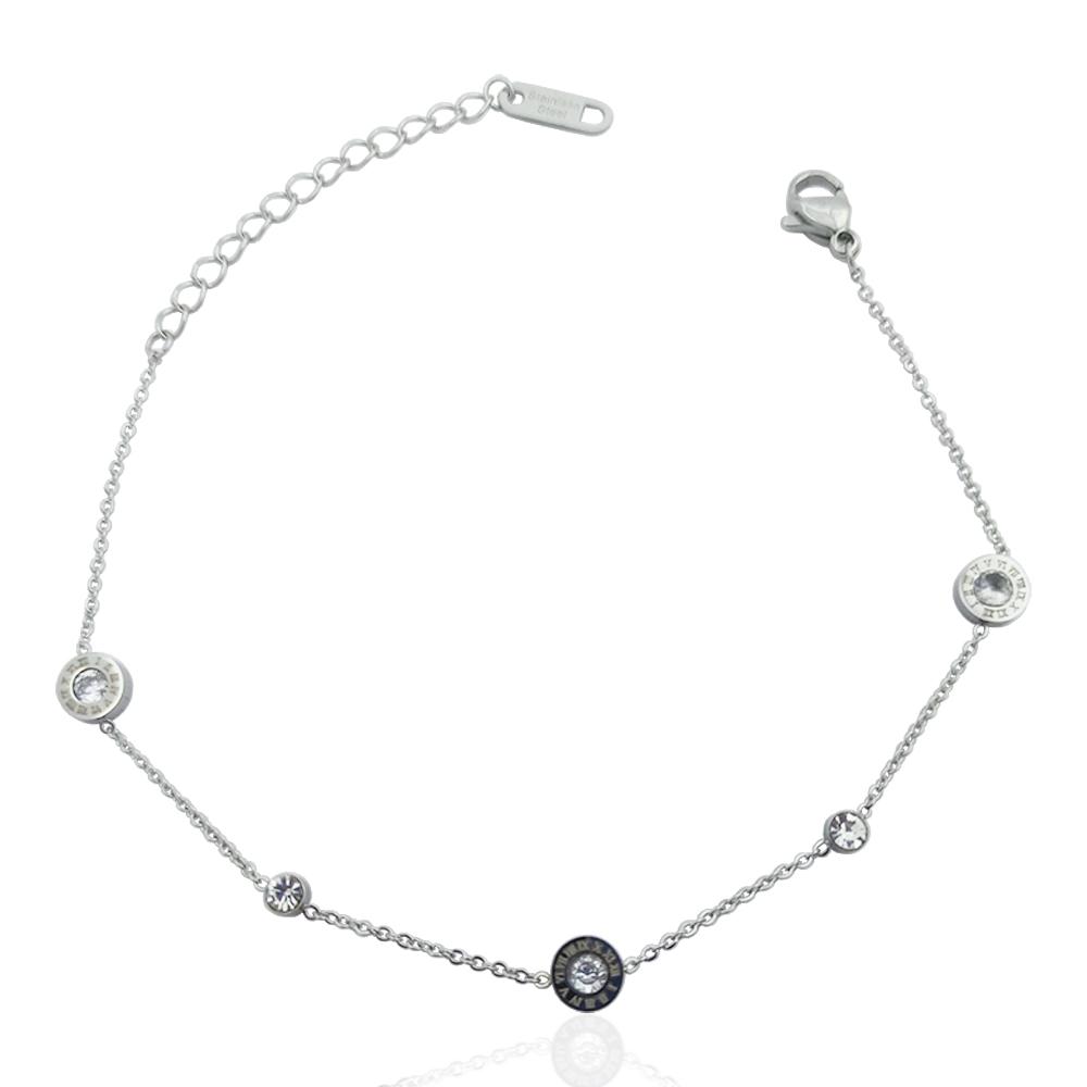 Bracciale forzatina con tondini con zirconi bianchi e numeri romani in acciaio lucido