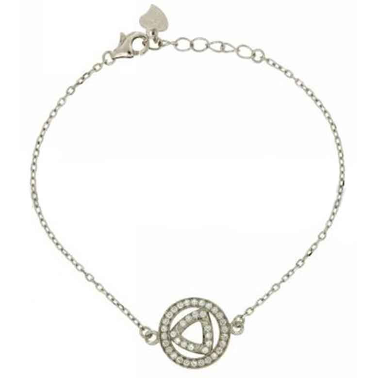 Bracciale forzatina con tondo con triangolo in argento 925 rodiato e zirconi
