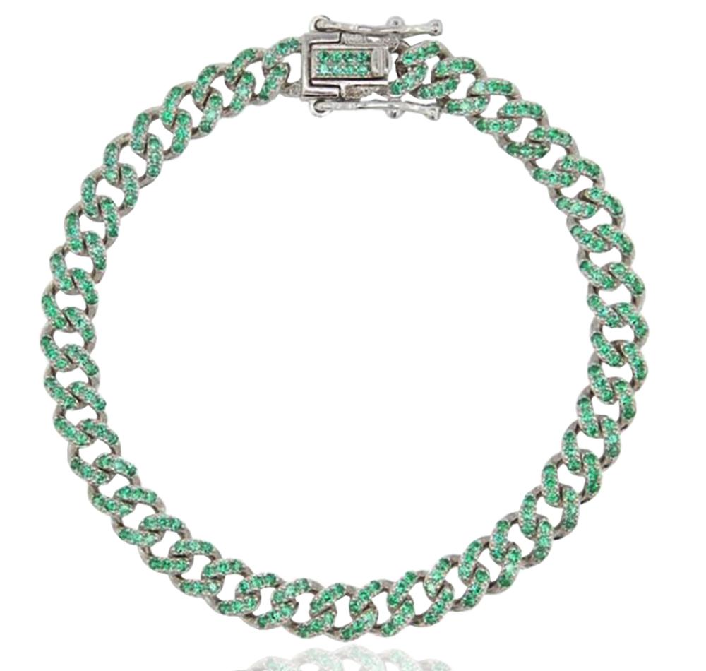 Bracciale groumette mm 6 in argento 925 rodiato con zirconi verdi cm 18