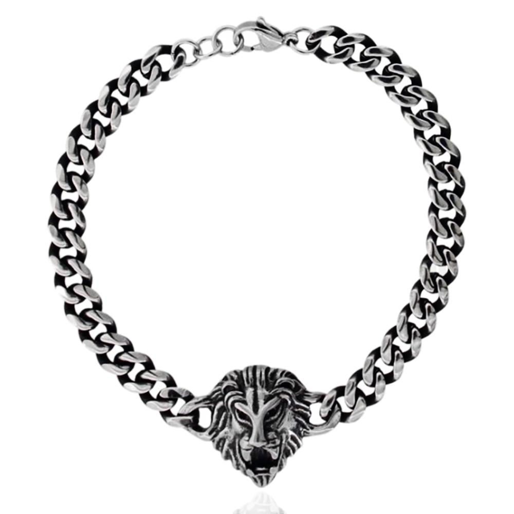 Bracciale uomo in acciaio brunito maglia grumetta con leone cm 21