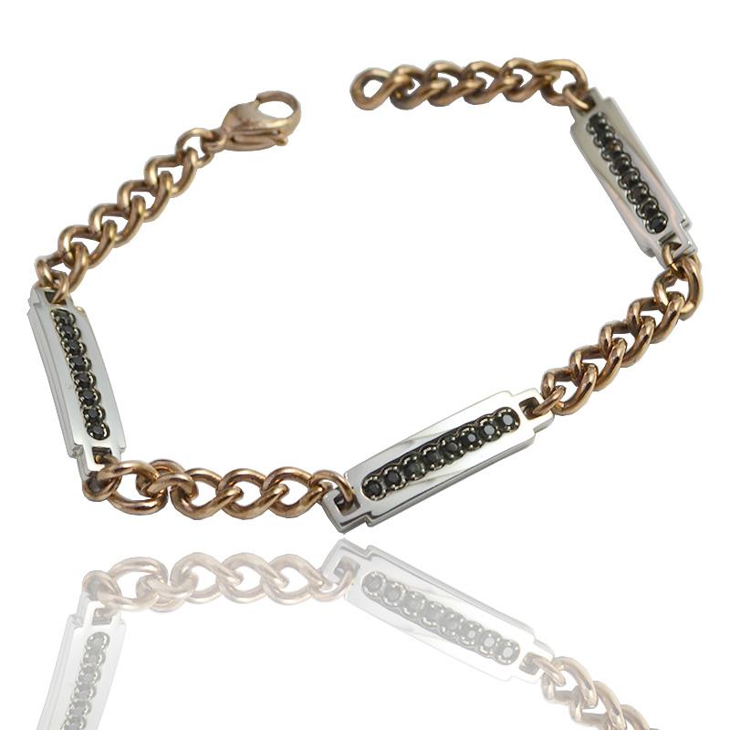 Bracciale grumetta per uomo-donna in acciaio bicolore placcato oro rosa con targhe con strass swarovski neri
