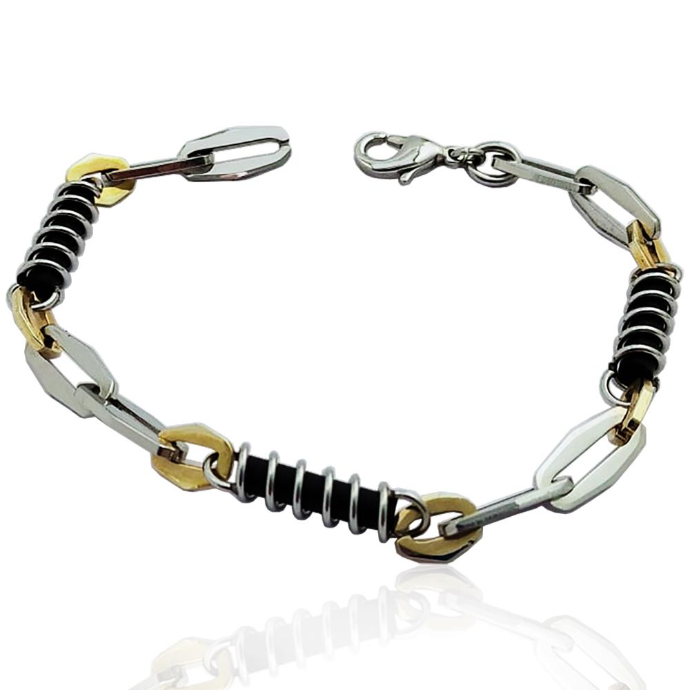 Bracciale in acciaio bicolore bianco-placcato oro con maglia esagonale e a molla con inserti in caucciu'