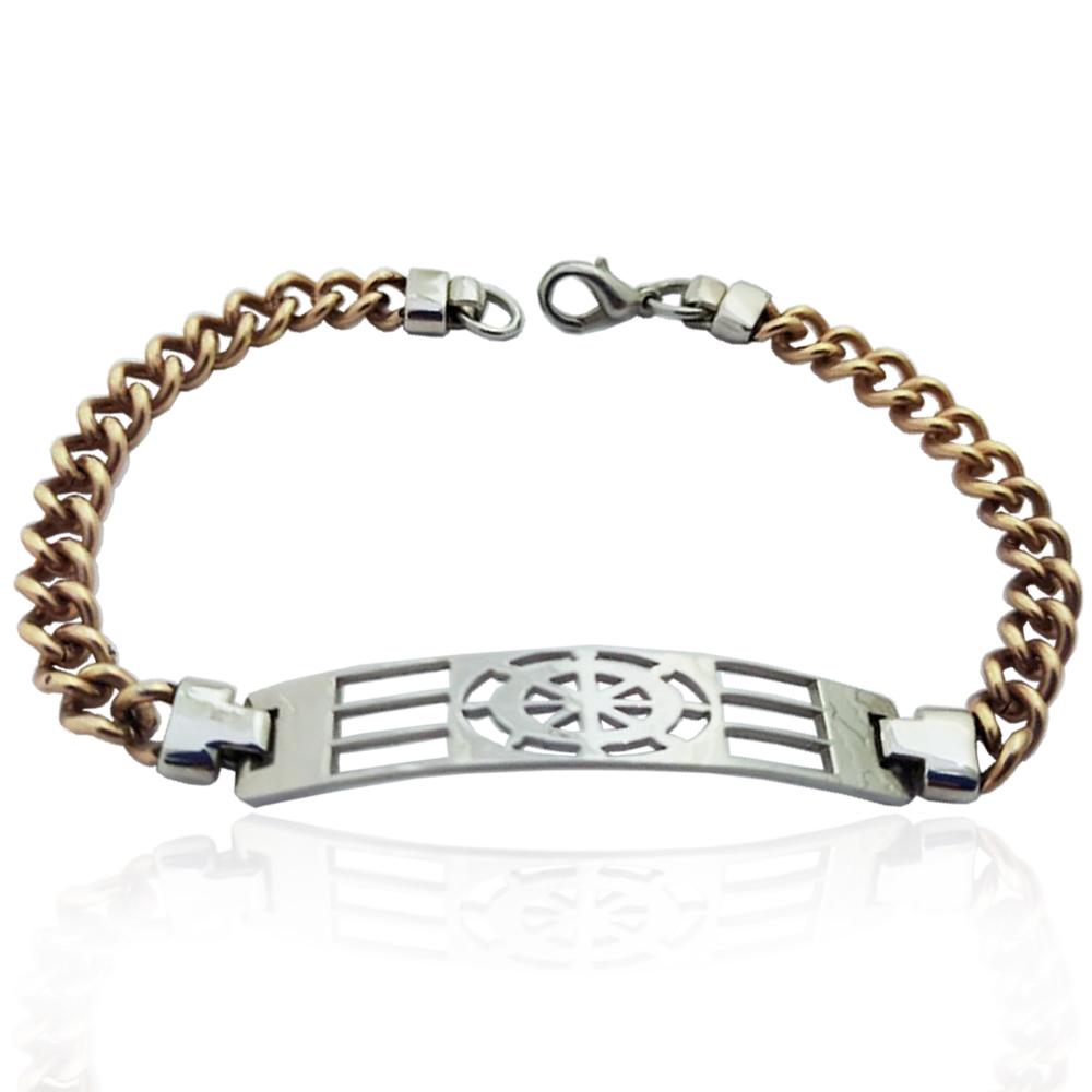 Bracciale in acciaio bicolore maglia grumetta ramata e con targa traforata con timone