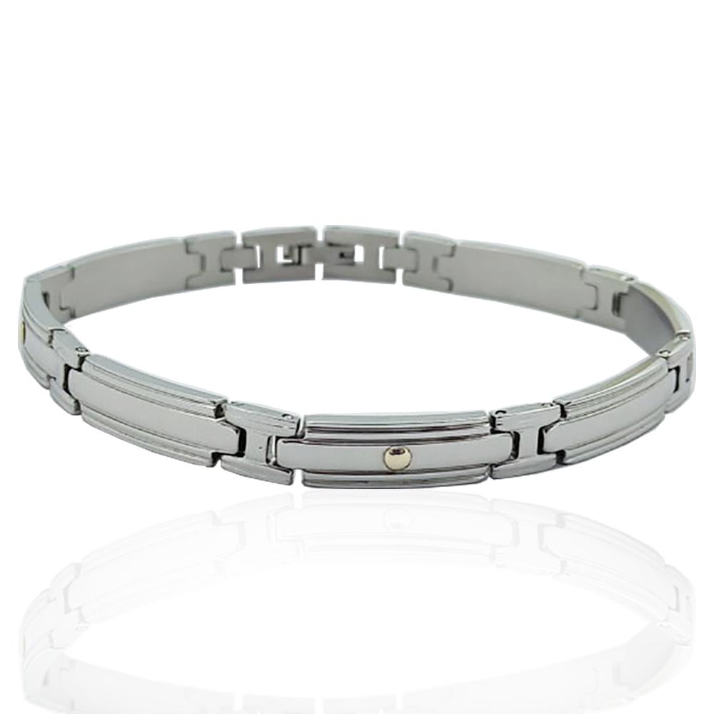 Bracciale in acciaio lucido cm 21 con maglia a targa rigata e applicazioni in oro giallo 18k
