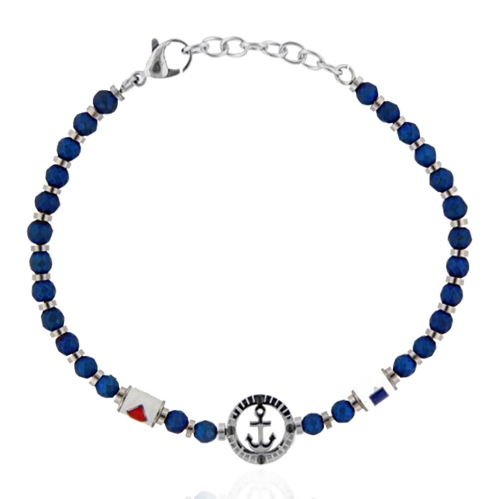 Bracciale nautico con pietre dure blu ancora centrale e smalti a fuoco