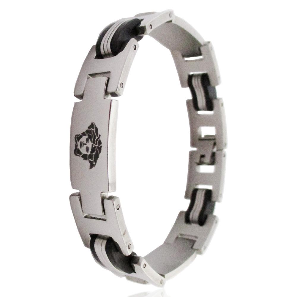 Bracciale cm 19 in acciaio lucido con gorgone laserata borchie in oro ed inserti in caucciù