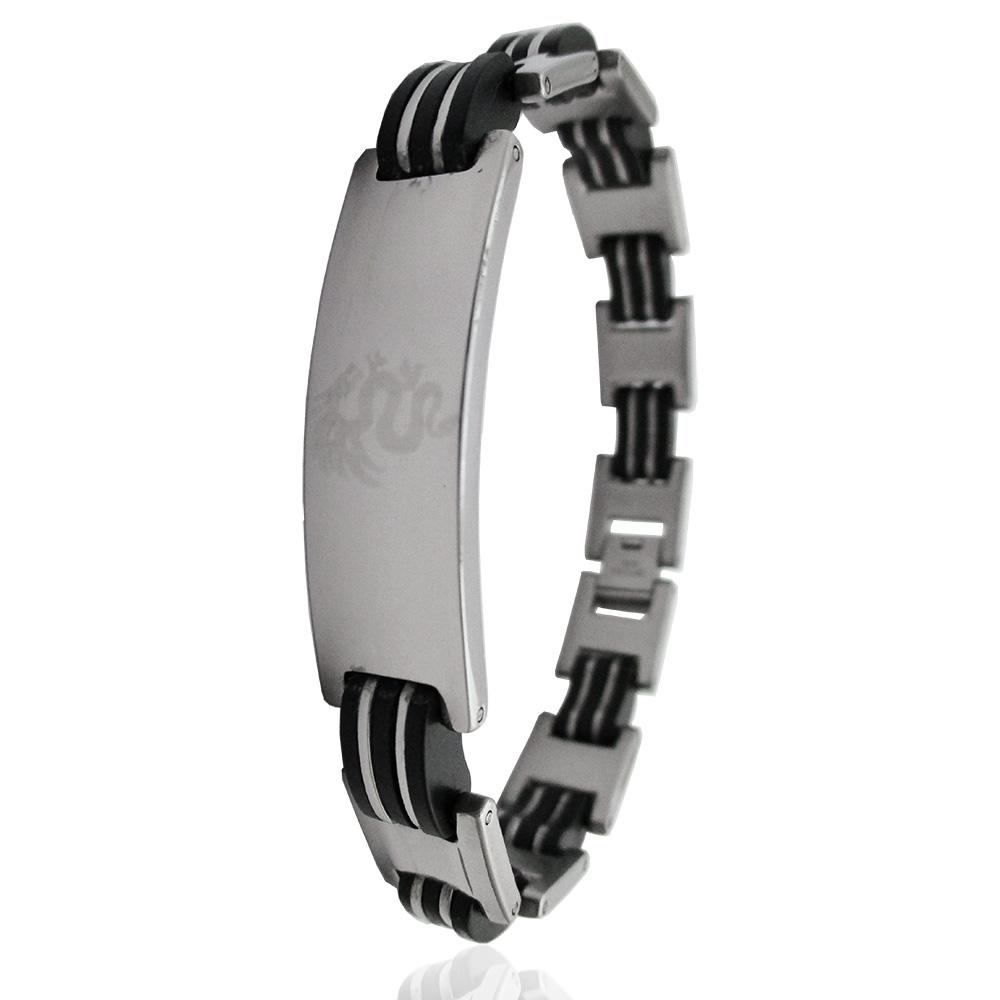 Bracciale uomo in acciaio con inserti in caucciù con drago laserato su targa centrale -personalizzabile-