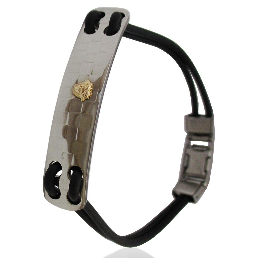 Bracciale in acciaio e caucciù' a 2 fili con targa mm 10 con gorgone in oro giallo