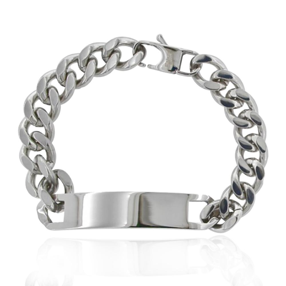 Bracciale da uomo maglia grumetta cm 21,5 in acciaio lucido con targa centrale mm 11 -personalizzazione gratis -
