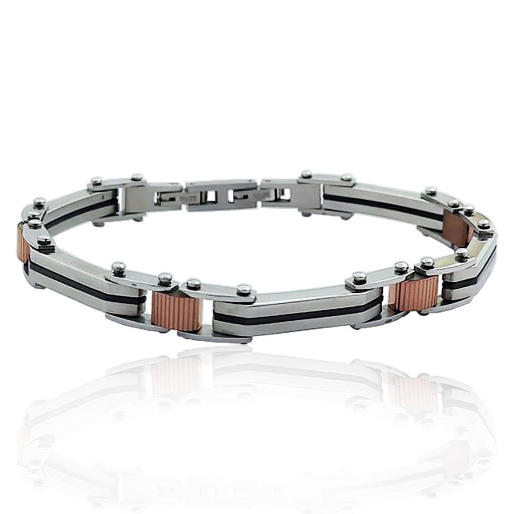 Bracciale in acciaio liscio-satinato cm 20 con inserti neri e ramati e con doppia chiusura
