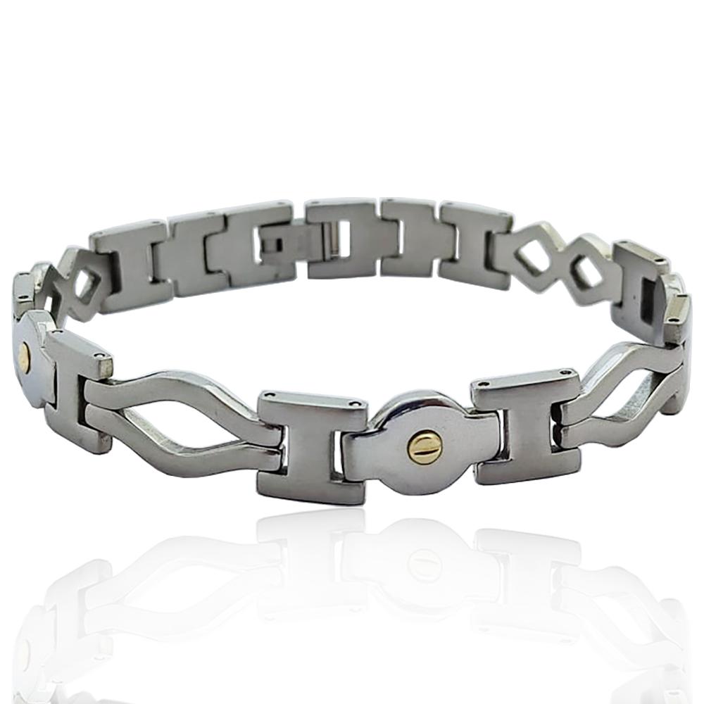 Bracciale in acciaio lucido-satinato cm 20 con maglie a rombo mm 10 e con applicazioni in oro giallo 18k