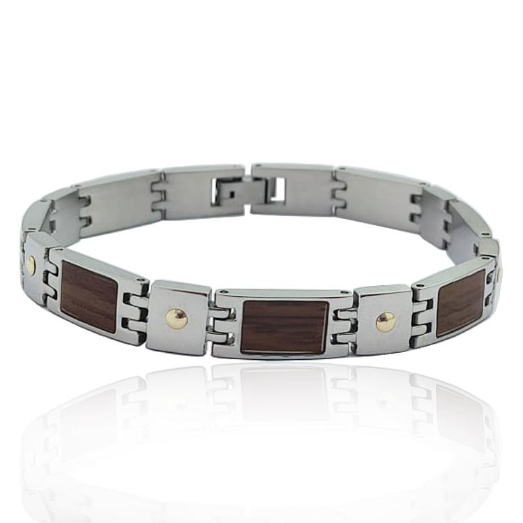 Bracciale in acciaio lucido cm 19 con applicazioni in oro giallo 18k e inserti in legno