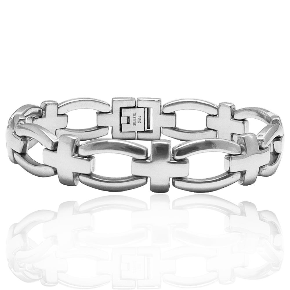 Bracciale in acciaio lucido a maglia ovale mm 14 alternata con croce quadrata