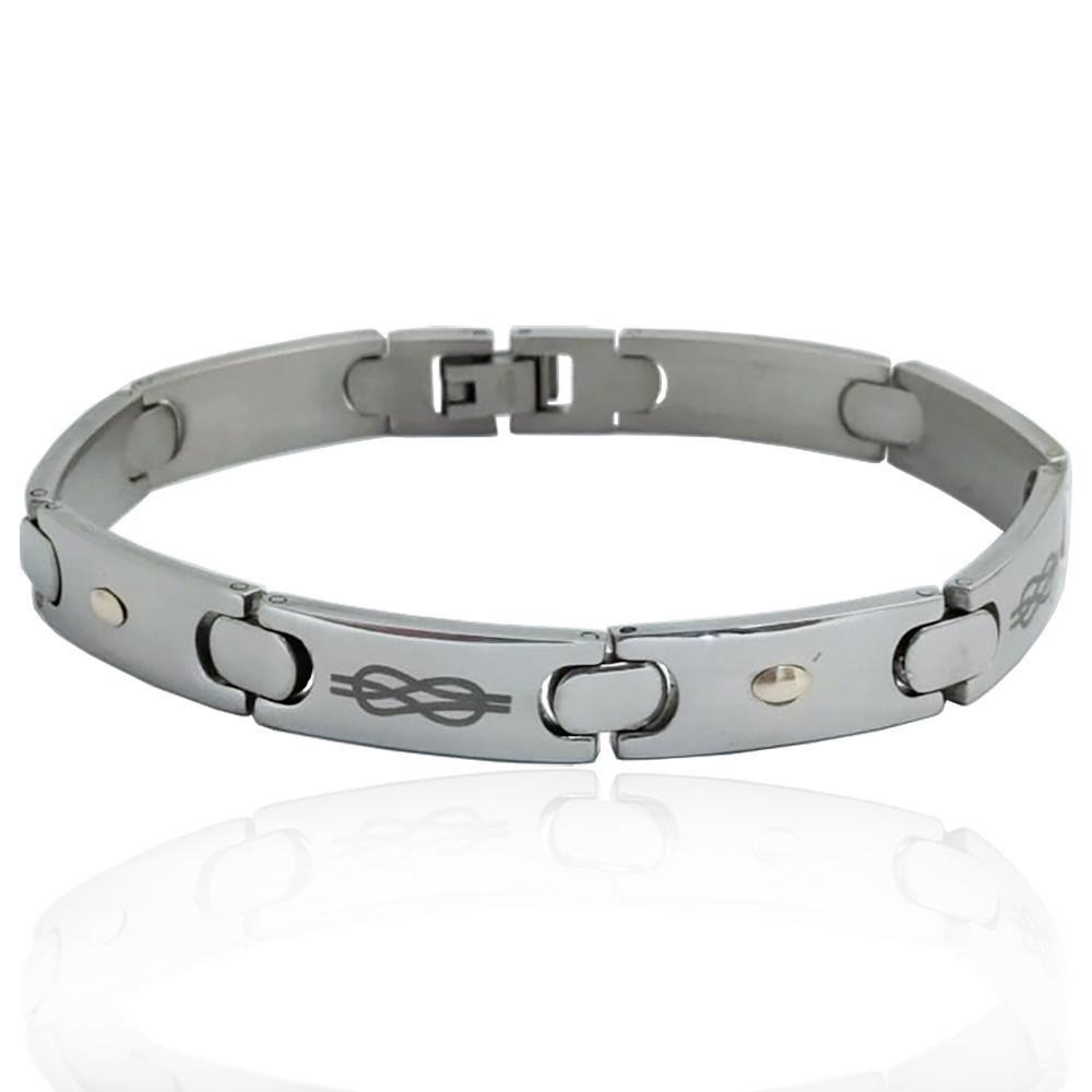 Bracciale in acciaio lucido cm 21 con nodo marinaro laserato e applicazioni in oro giallo 18 carati
