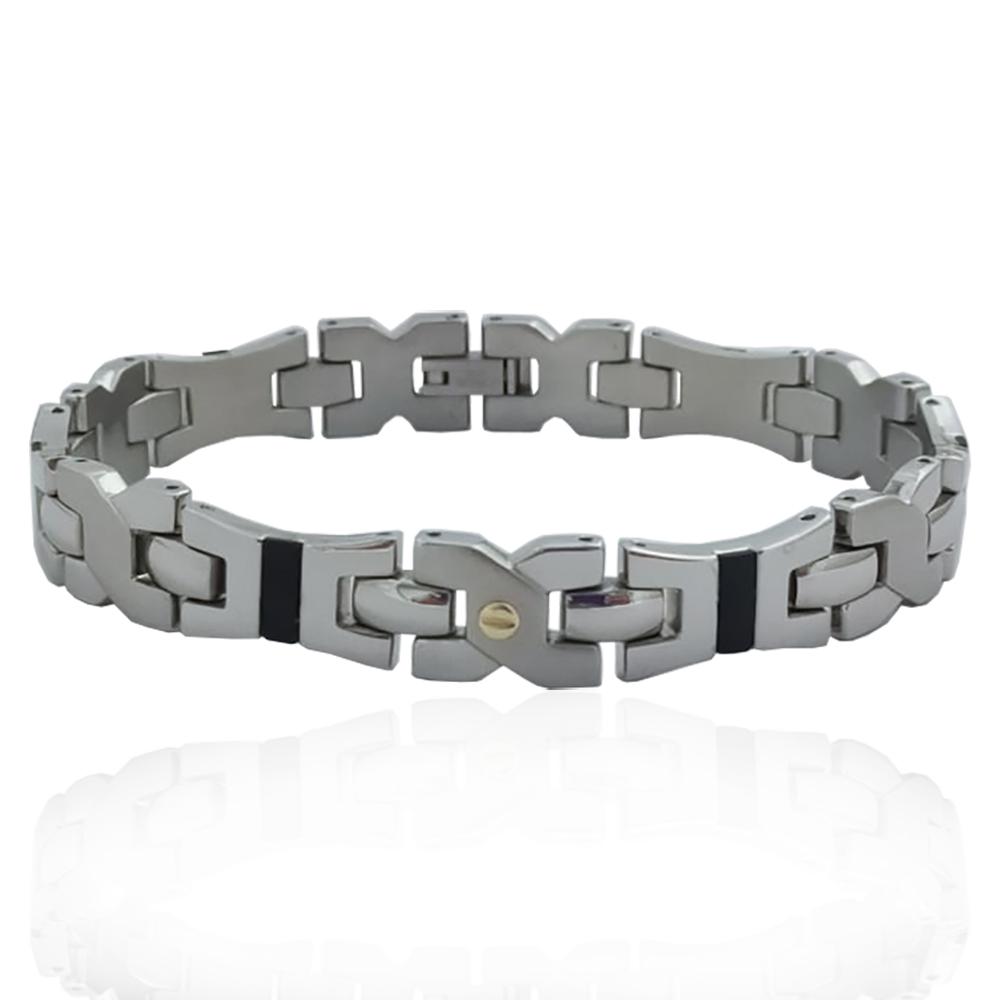 Bracciale in acciaio lucido maglia a nodo con inserti satinati e neri e con applicazioni borchie in oro giallo 18k