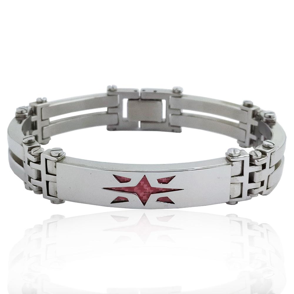 Bracciale in acciaio lucido con targa con rosa dei vendi con inserto in fibra di carbonio rosa