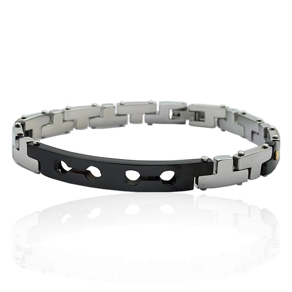 Bracciale in acciaio lucido con targa e maglie placcate rutenio e con applicazioni in oro giallo 18k