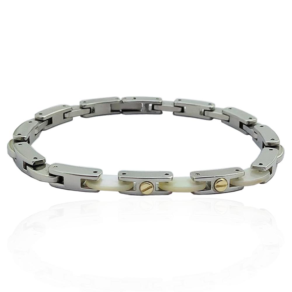 Bracciale in acciaio anallergico mm 5 con inserti in madreperla e applicazioni borchie in oro giallo 18k