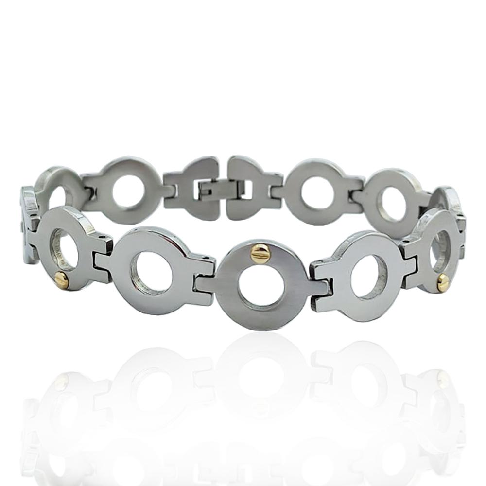 Bracciale in acciaio liscio-satinato cm 21 con maglia a cerchi da 14 mm e applicazioni in oro giallo 18k