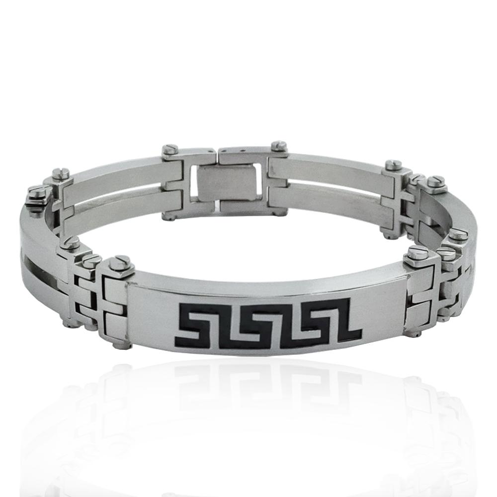 Bracciale in acciaio satinato con targa a motivo greca con inserto in fibra di carbonio nera