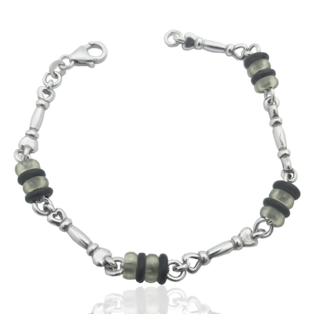 Bracciale caramella cm 18 in argento 925 rodiato con inserti in caucciu' nero-verde