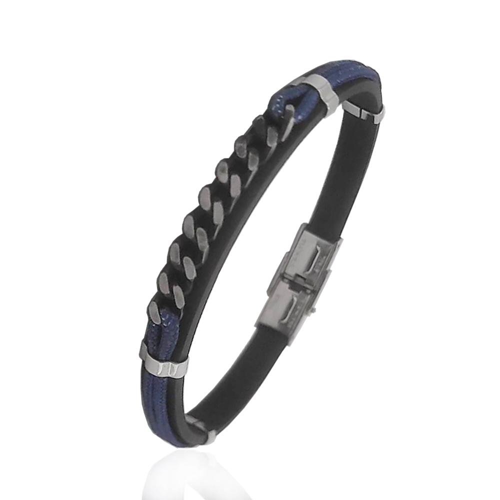 Bracciale in caucciu' mm 7 con corda blu con grumetta centrale in acciaio brunito