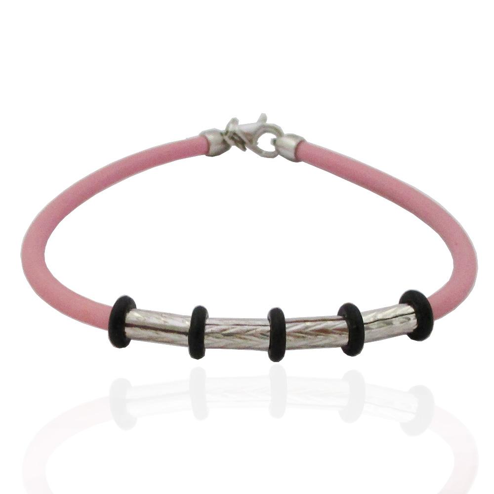 Bracciale in caucciù rosa cm 20 con chiusura e inserti a cilindro in argento 925 rodiato