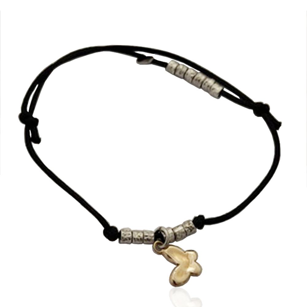 Bracciale in cuoio cerato con pepite in argento 925 rodiato e farfalla centrale dorata