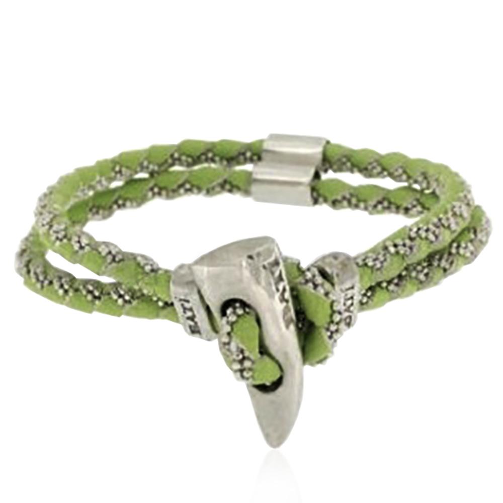 Bracciale in pelle verde a 2 fili con bottone e catena a pallina in argento 925 rodiato