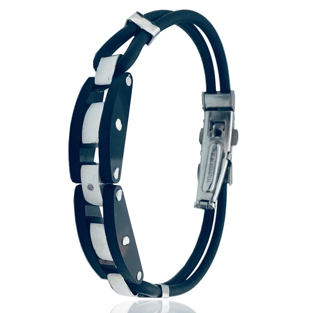 Bracciale in plexi e acciaio con cinturino in caucciu' a 2 fili con chiusura deployante e zircone centrale