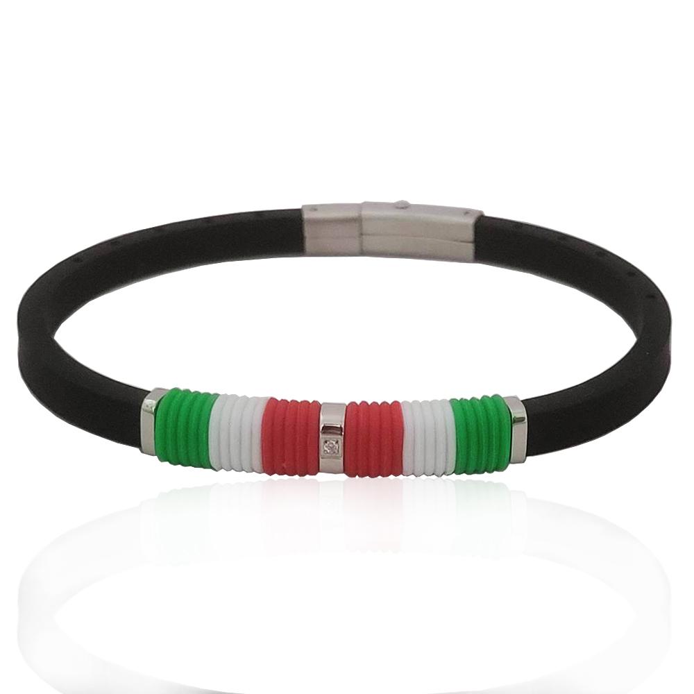 Bracciale italia in acciaio lucido e caucciu nero e colorato cm 21