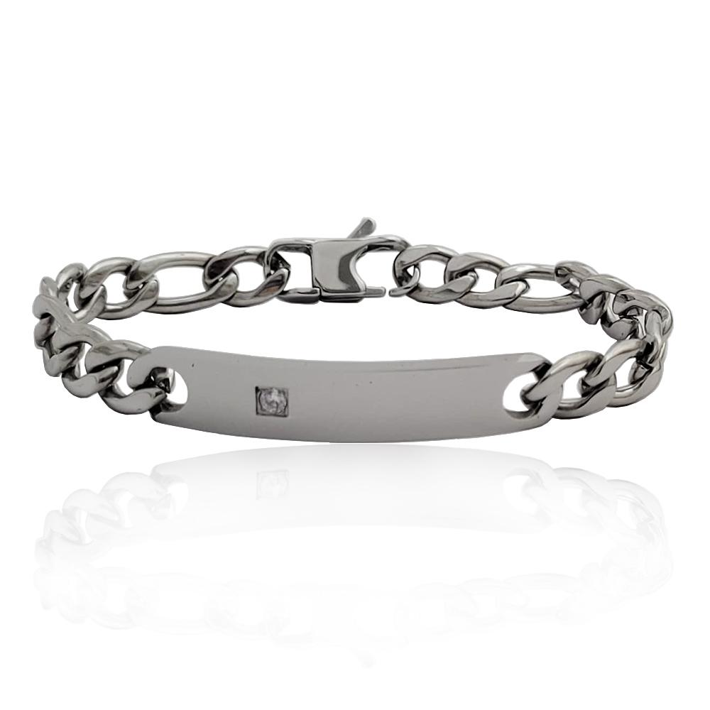 Bracciale uomo da personalizzare con maglia 3+1 cm 21 in acciaio e targa mm 9 con zircone
