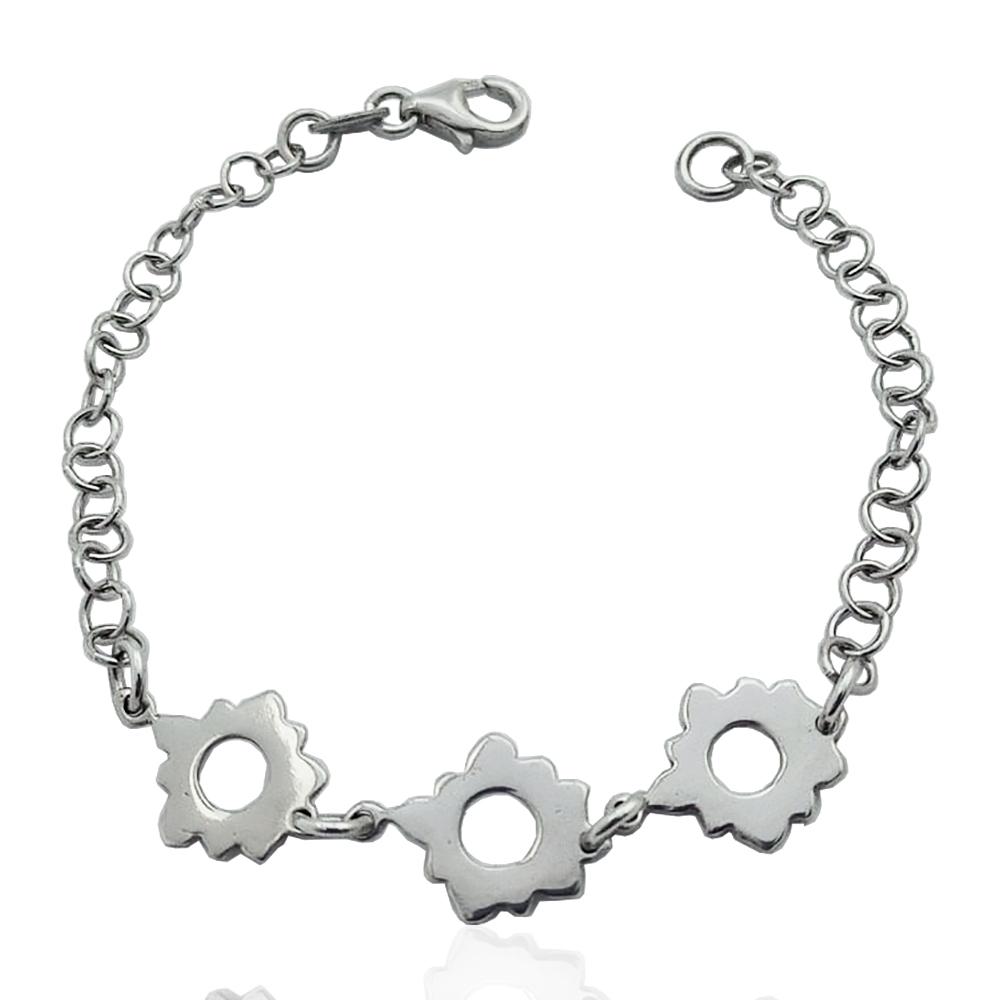 Bracciale maglia rolo' in argento 925 rodiato con 3 fiori centrali