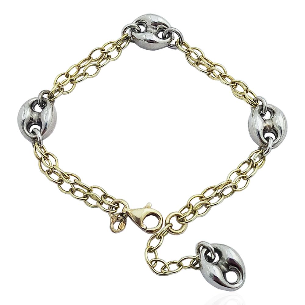 Bracciale maglia rolo' ovale alternata a maglia marinara in argento 925 placcato oro e rodio