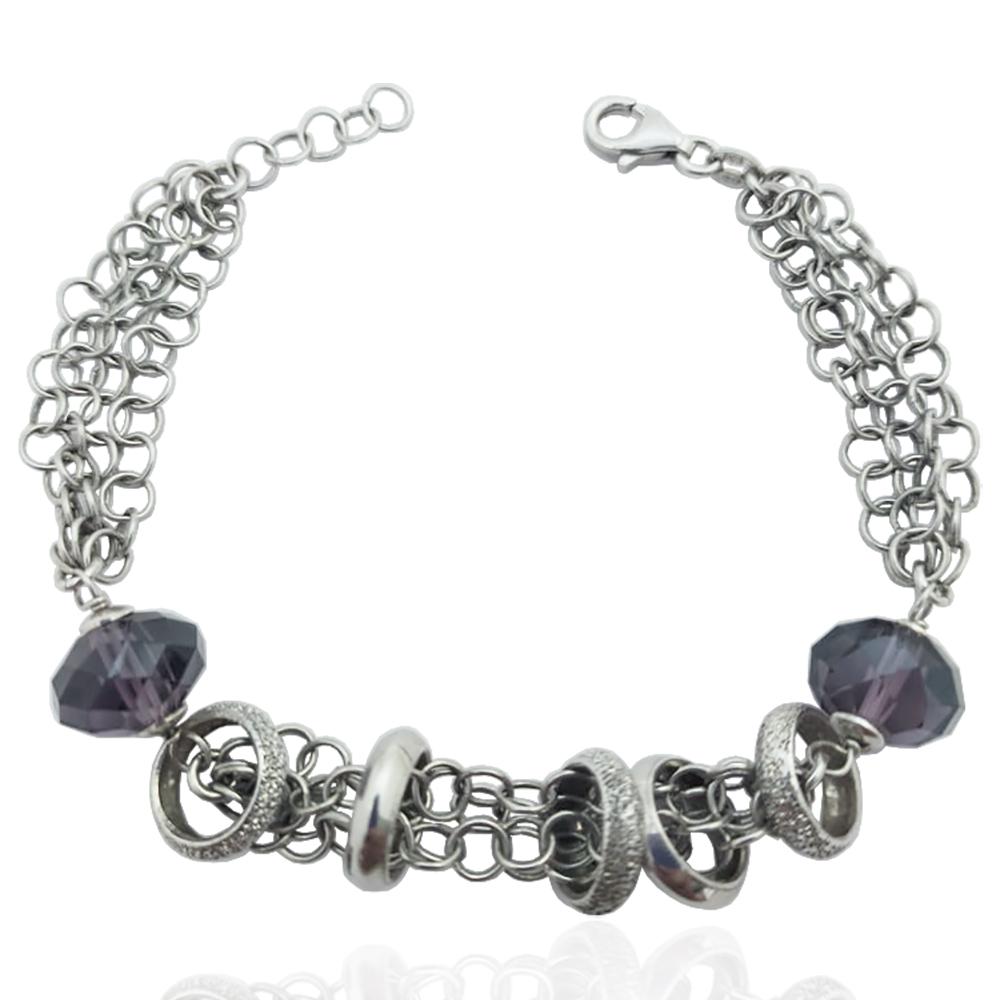 Bracciale a maglia multipla rolo' in argento 925 rodiato con cristalli violet di 12 mm e cerchi centrali lisci e diamantati