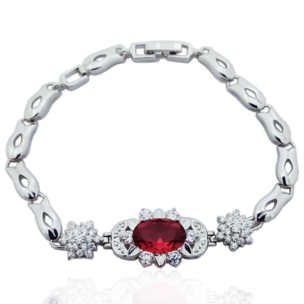 Bracciale modello kate in metallo argentato con zirconi bianchi e rosso rubino centrale