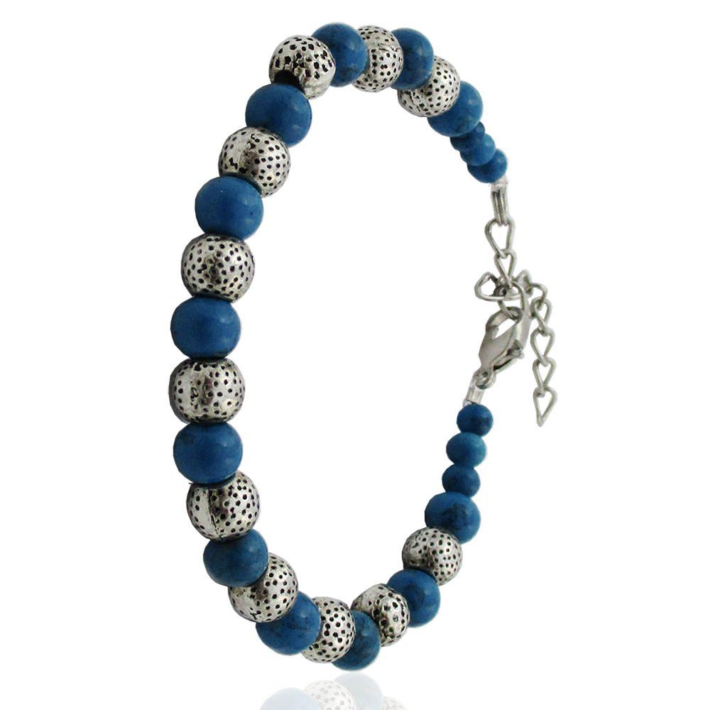 Bracciale napoli con sfere mm 6 bianco e azzurro in acciaio brunito cm 21 regolabile