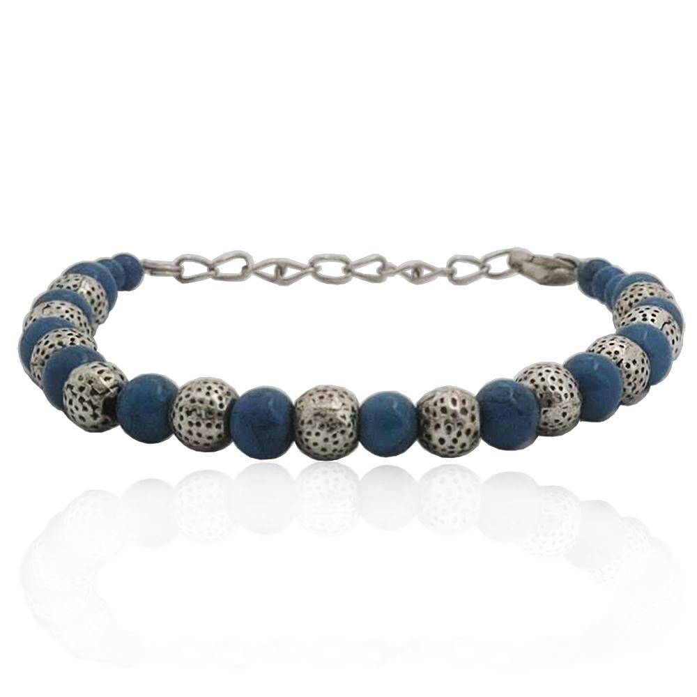 Bracciale napoli con sfere mm 6 bianco e azzurro in acciaio brunito cm 21 regolabile