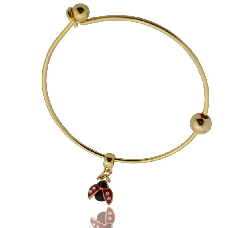Bracciale rigido con chiusura a cappio placcato oro con ciondolo coccinella con strass nero e bianchi