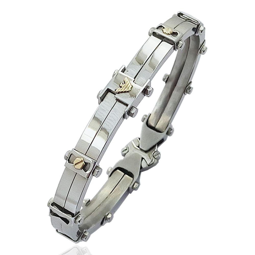 Bracciale rigido in acciaio lucido con applicazioni di borchie e aquila reale in oro giallo 18k