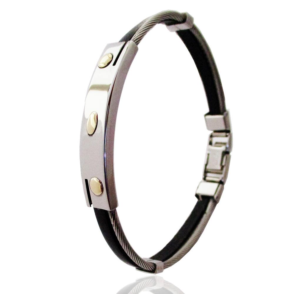 Bracciale rigido in cuoio nero acciaio a corda con targa con borchie in oro giallo