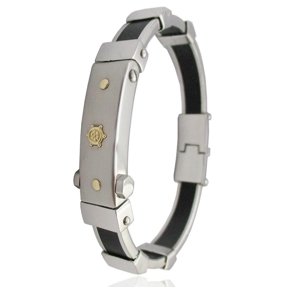 Bracciale rigido marinaro in acciaio liscio-satinato caucciu e con borchie e timone centrale in oro giallo