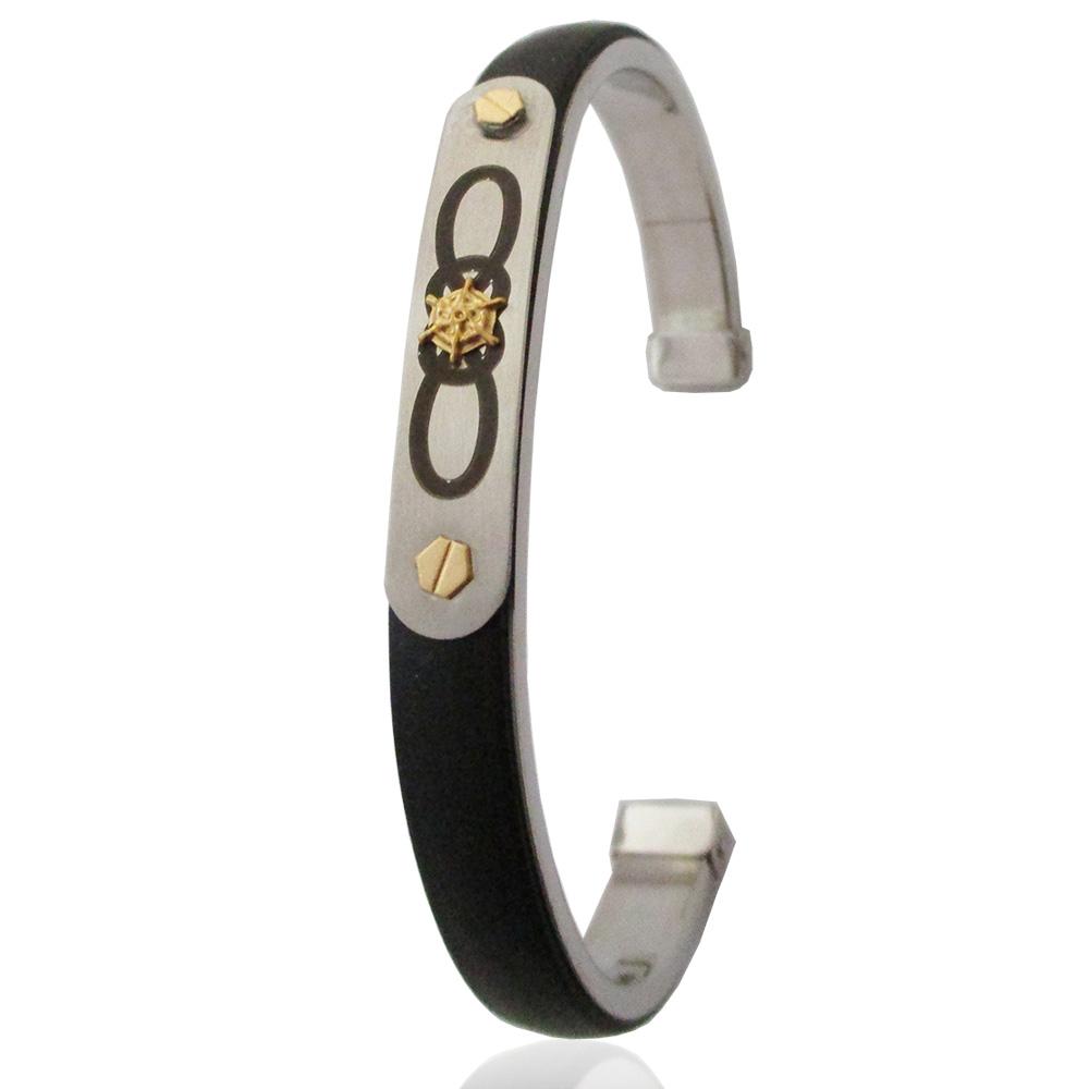 Bracciale rigido marinaro per uomo mm 8 in acciaio lucido satinato caucciu' con particolari in oro giallo