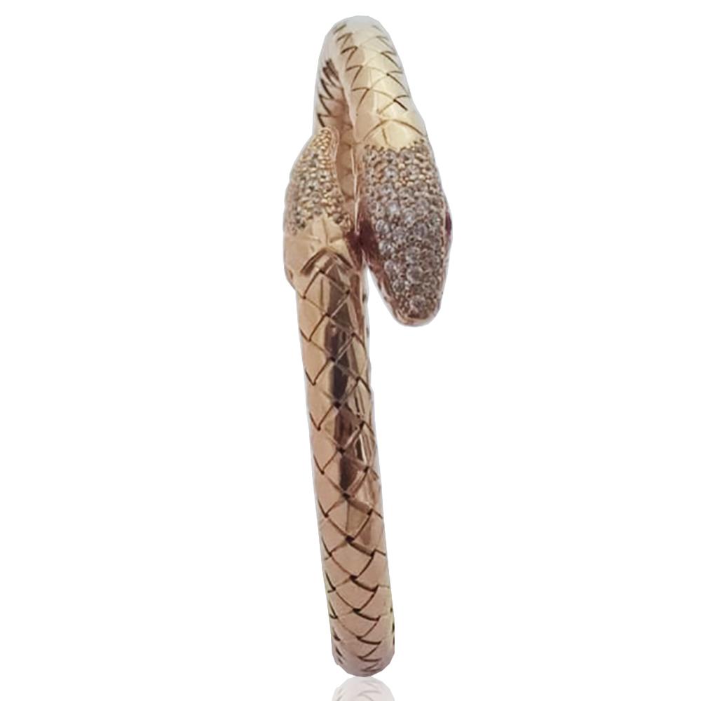 Bracciale rigido a serpente mm 6 snake in argento 925 ramato con zirconi bianchi e rossi
