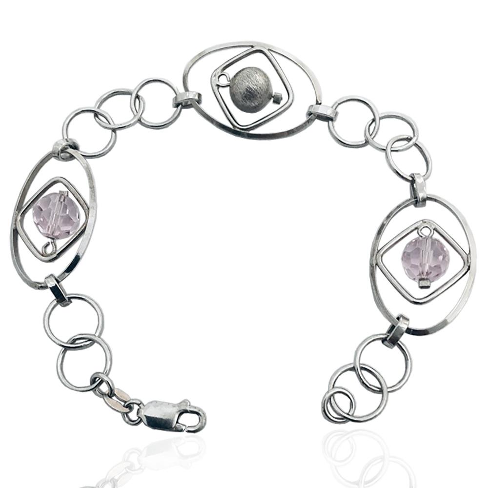 Bracciale donna rolo' cm 21 in argento 925 rodiato con ovali mm 27x18 e con sfere faccettate in cristallo light rose